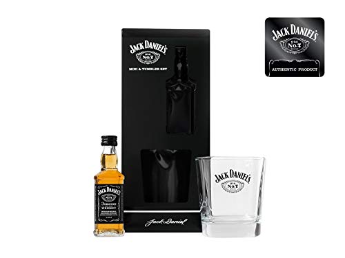 Jack Daniels Gifts – Official Licensed Jack Daniel’s Old No. 7 Tennessee Whiskey 5cl Miniature and Whisky Glass Rock Tumbler – Whiskey Gift Sets For Men and Perfect Fathers Day Gifts